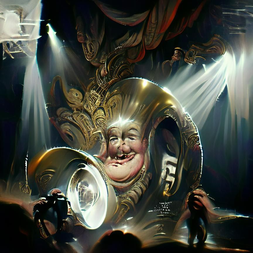 Ornate Tuba Man Gleaming Under Spotlight
