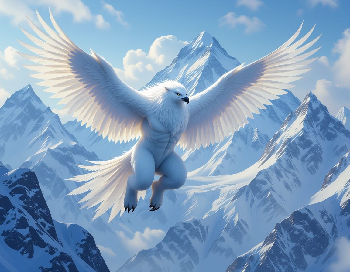Surreal Avian Yeti Takes Flight Over Snowy Peaks