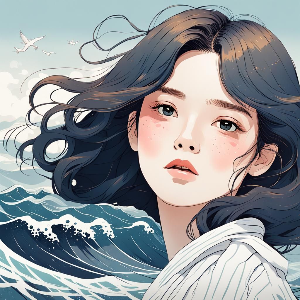 Manhwa-Style Double Exposure Portrait of Woman and Seascape