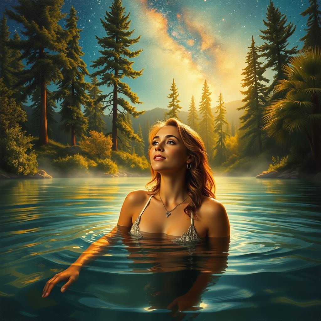 Mystical Hot Springs Scene in Dreamlike Oil Painting Style