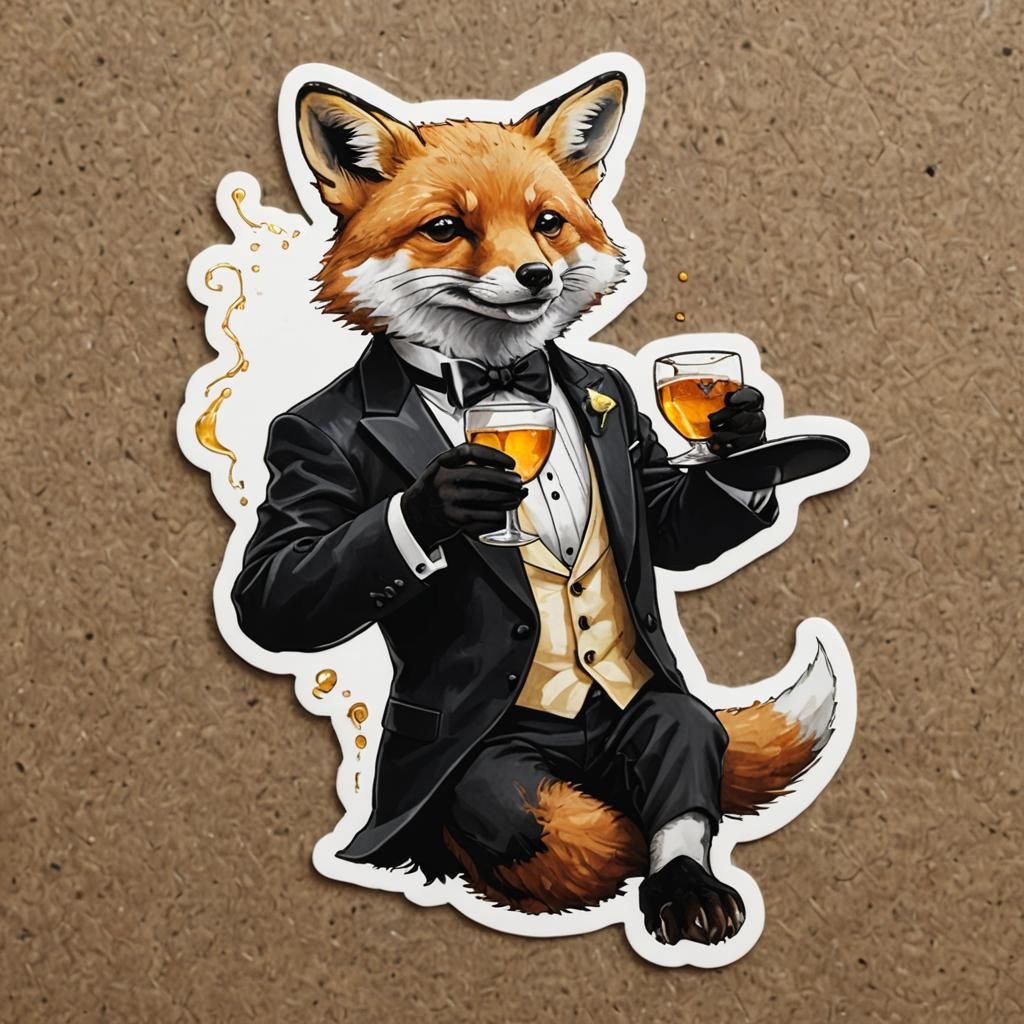 Fox in Tuxedo Toasting Drink, Realistic Sticker