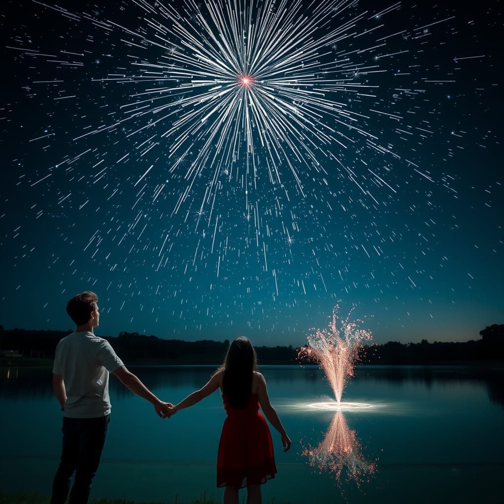 Couple Gazing at Starbursts over Pond