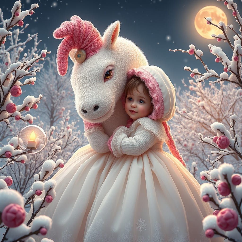 Beautiful Baby Girl Hugs Giant Neon Unicorn in Winter Wonder...