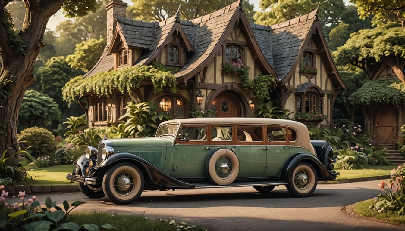 1930s Car Parked by Whimsical Cottage