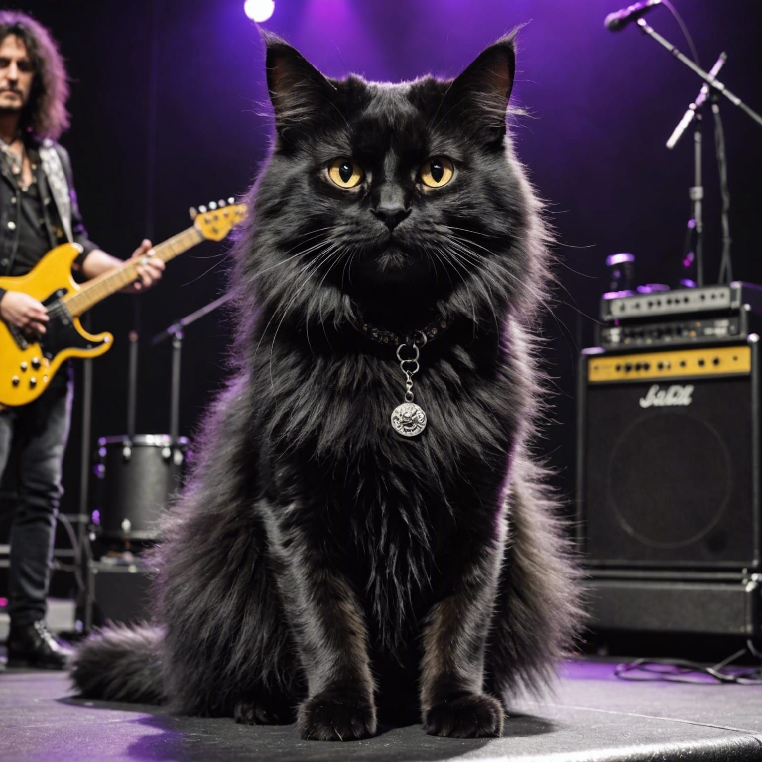 Rock Star Cat with Long Black Fur on Stage
