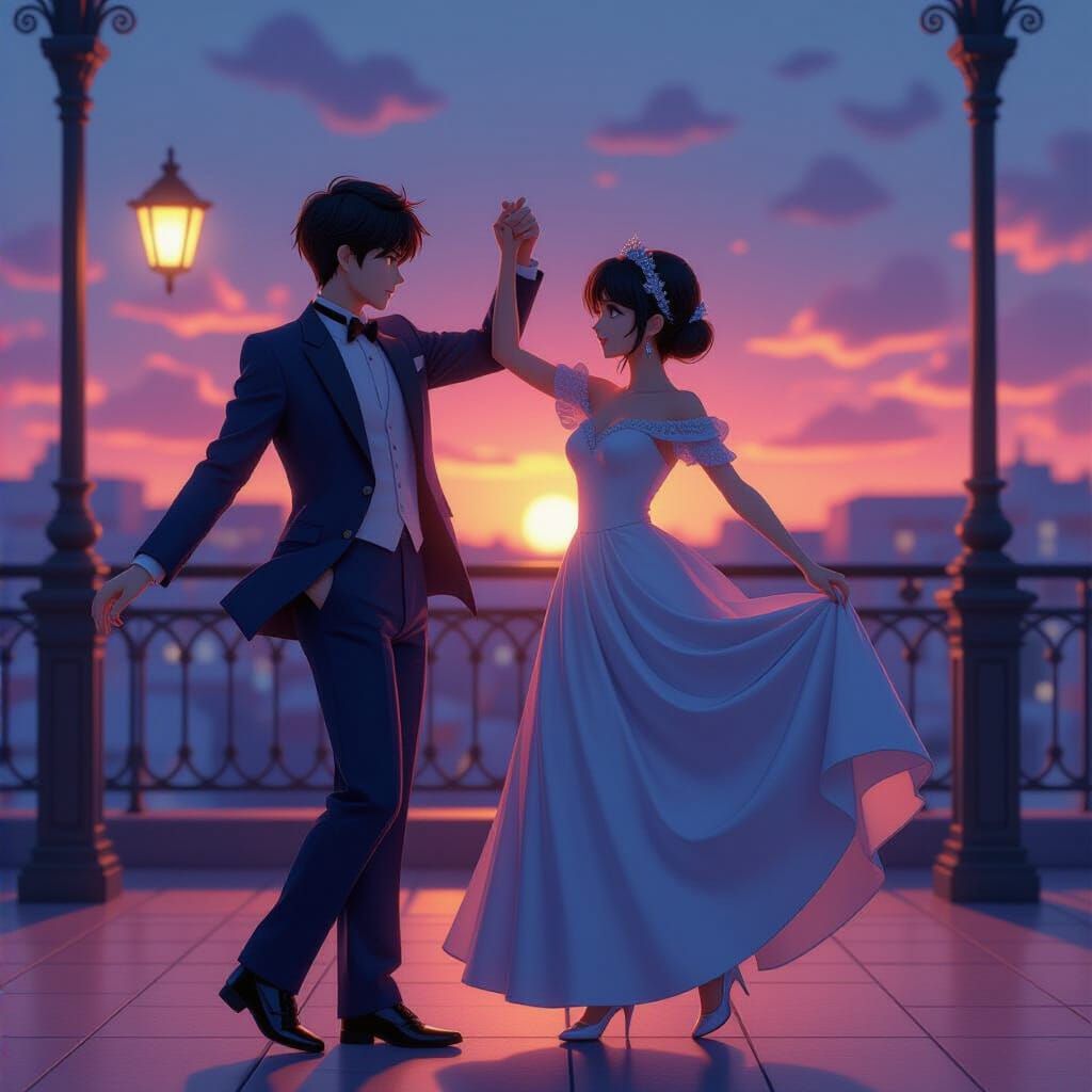 Anime Style Dance at Sunset, 3D Render