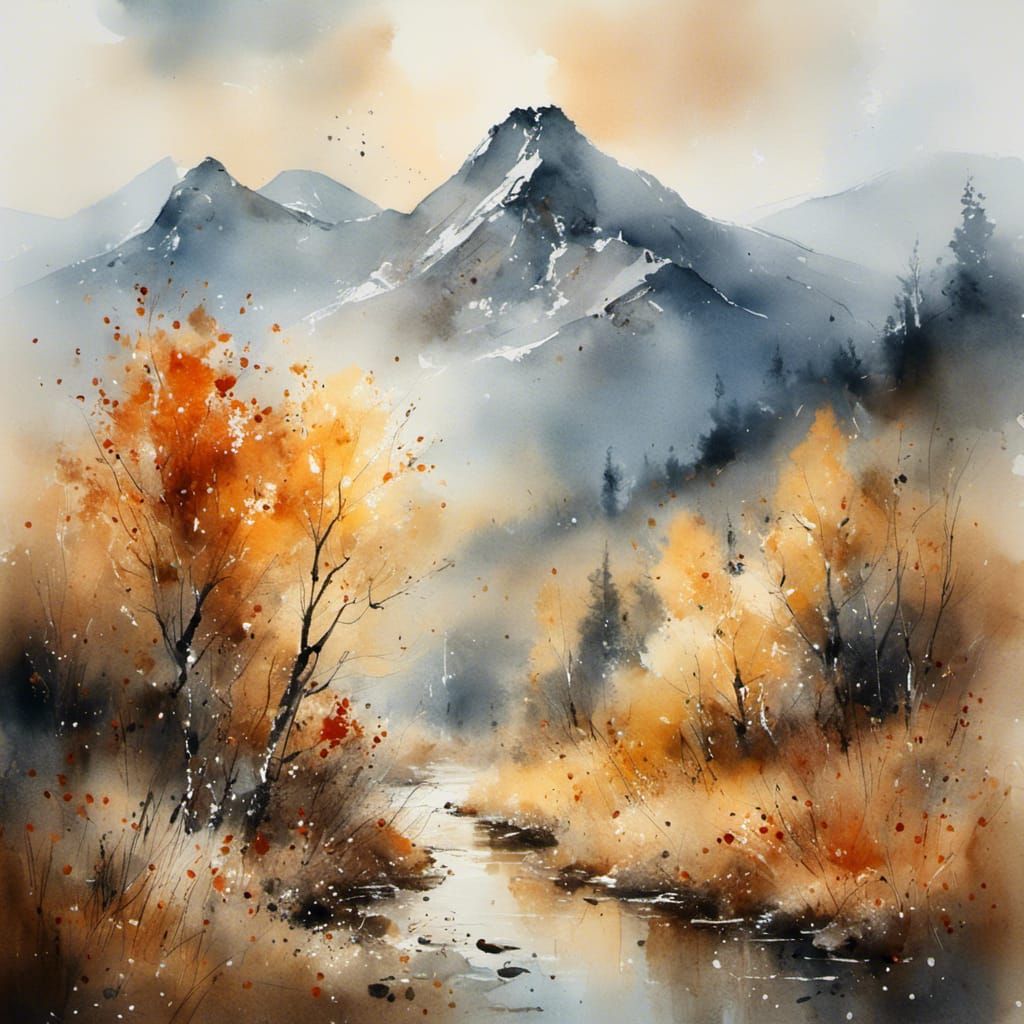 Watercolor Mountain Scene at Sunrise in Autumn