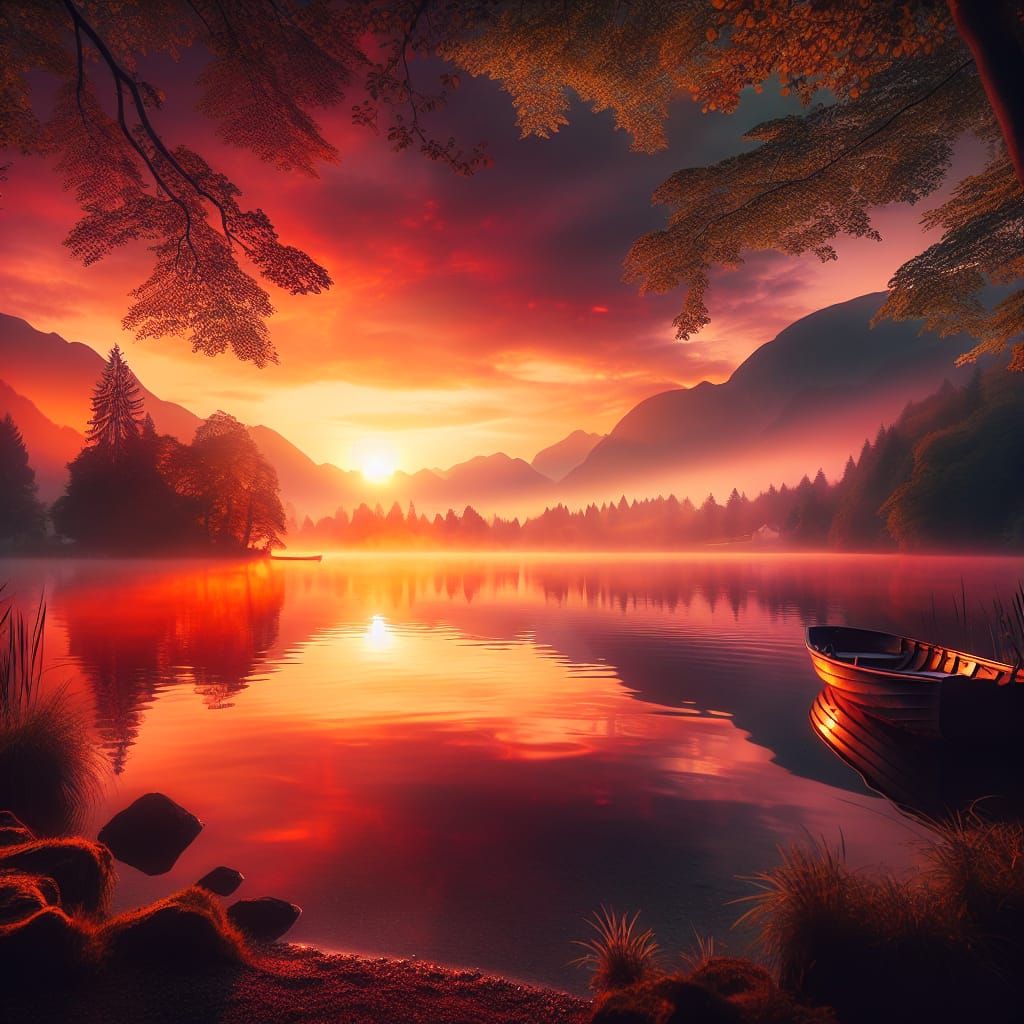 Serene Lake at Dawn: First Light Reflection