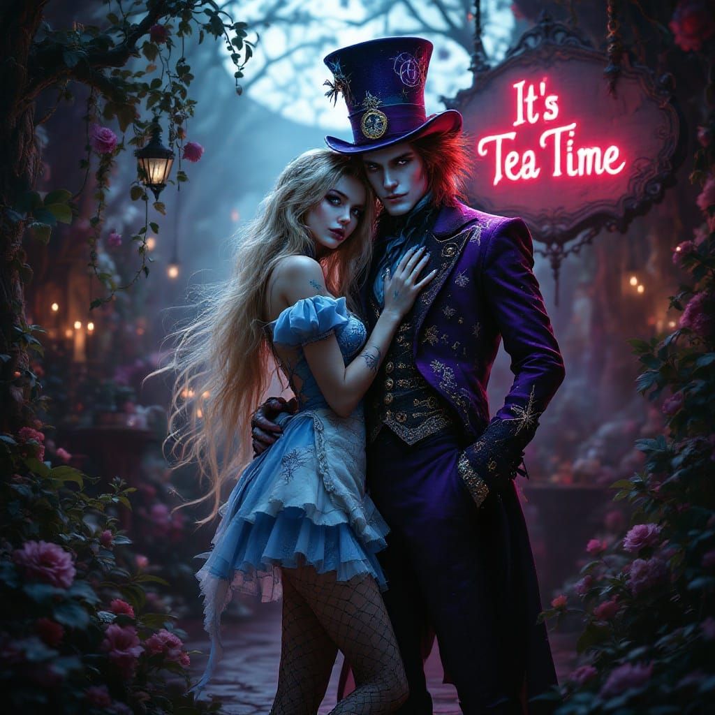 Goth Wonderland Tea Party Scene with Intricate Details