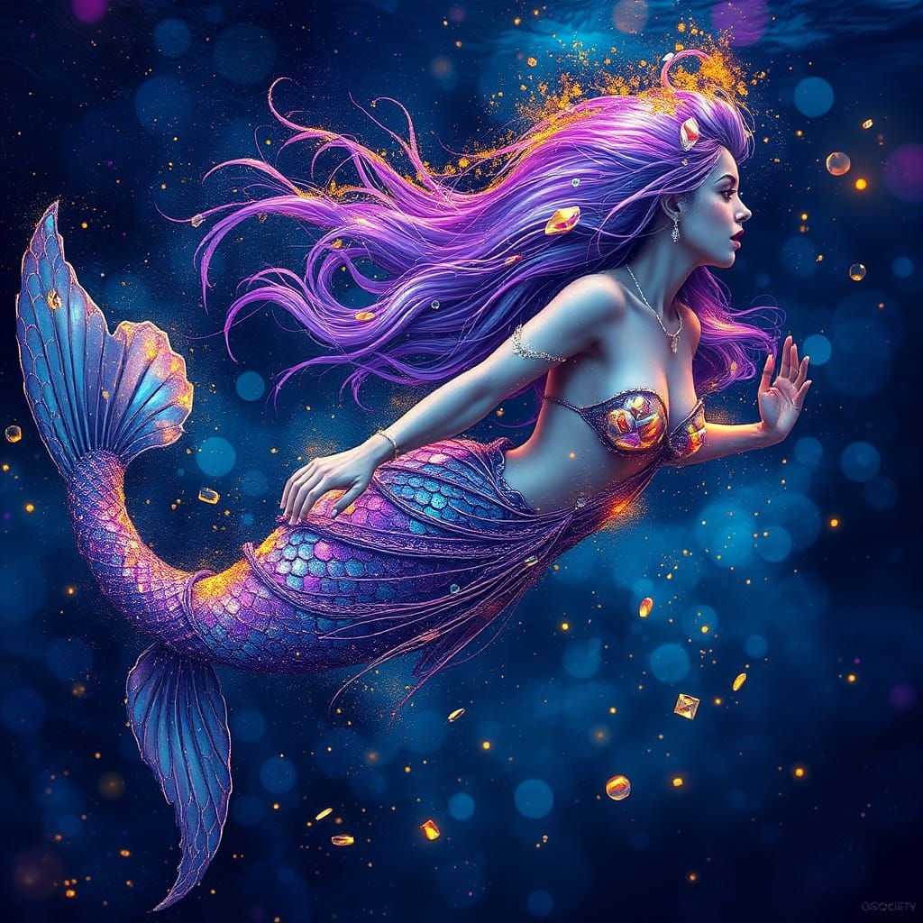 Mermaid in Ethereal Oceanic Landscape, Iridescent, Glowing, ...