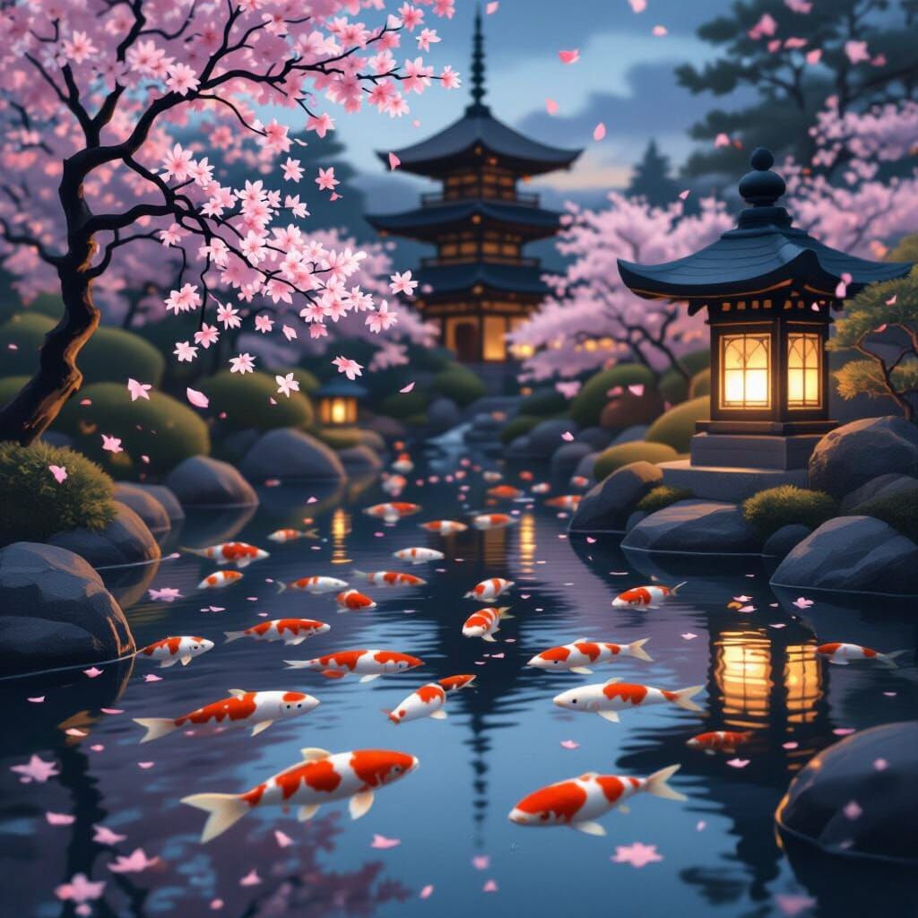Twilight Japanese Garden with Koi Pond