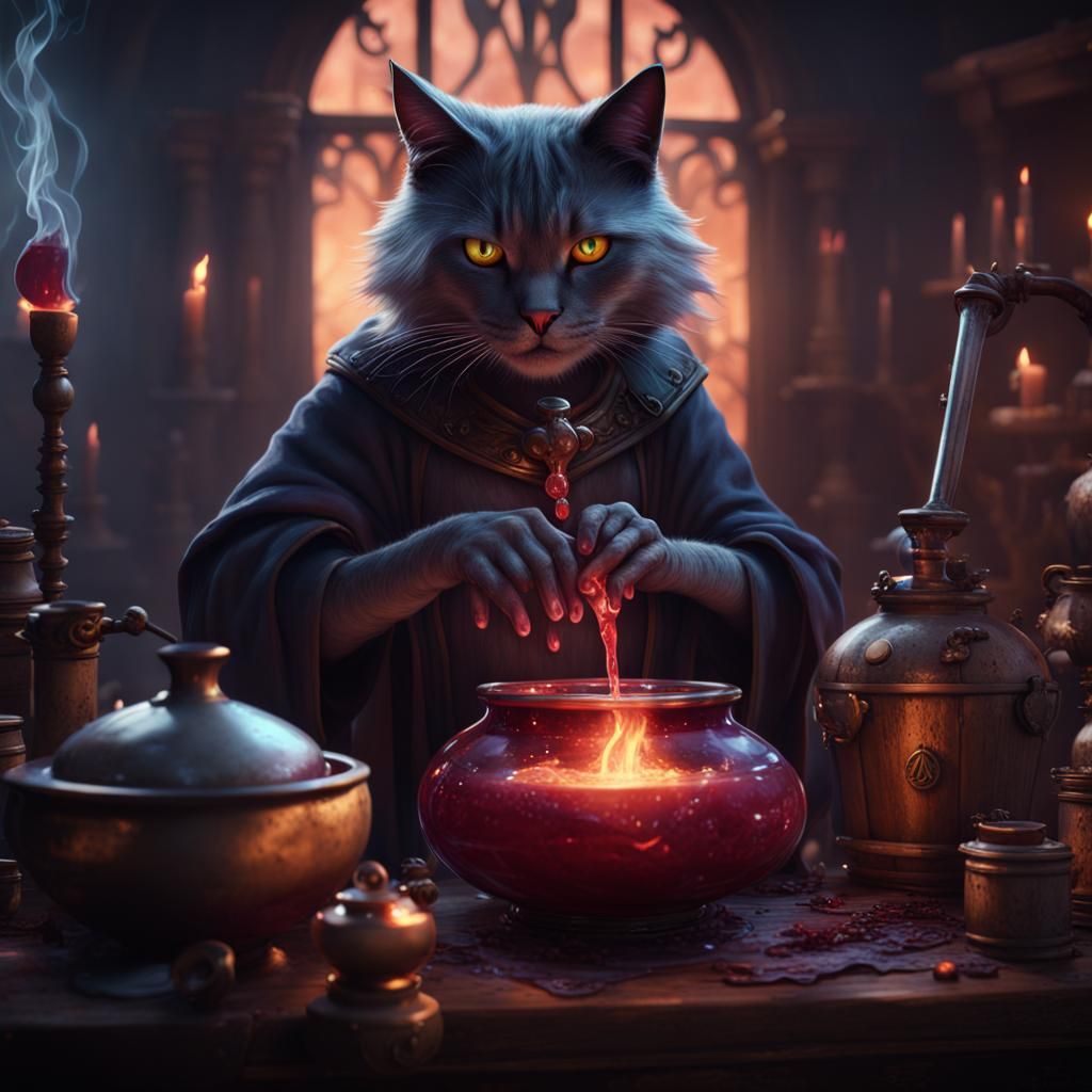 Cat Witch Brewing Potion: Fantasy Concept Art