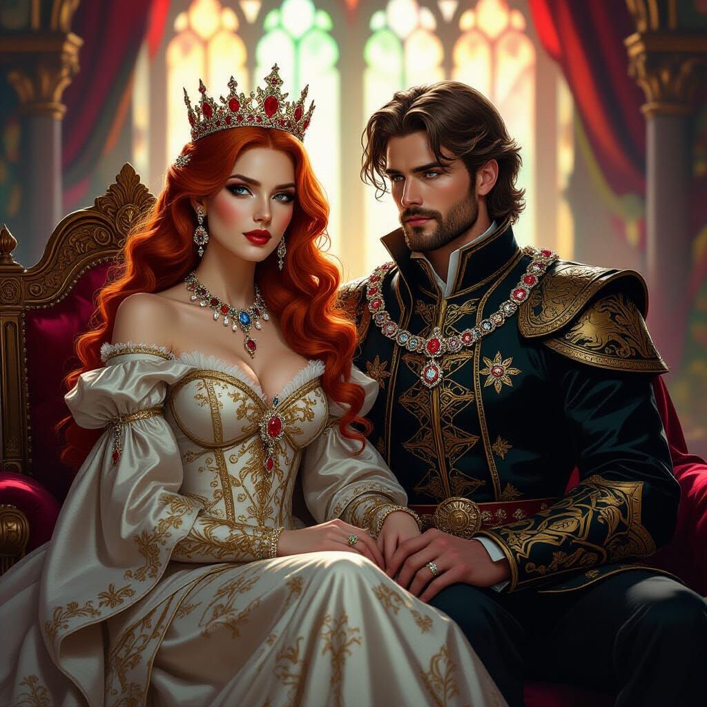 Medieval Queen & King on Throne in Dramatic Lighting