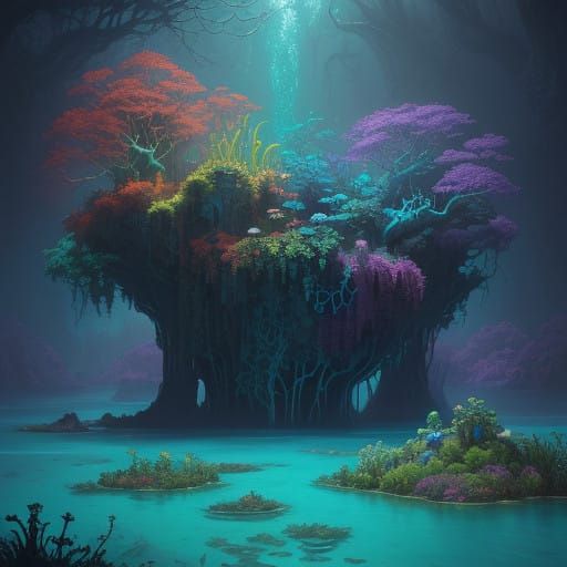 Surreal Aquatic Dreamscape in Vibrant Turquoise and Golden L...