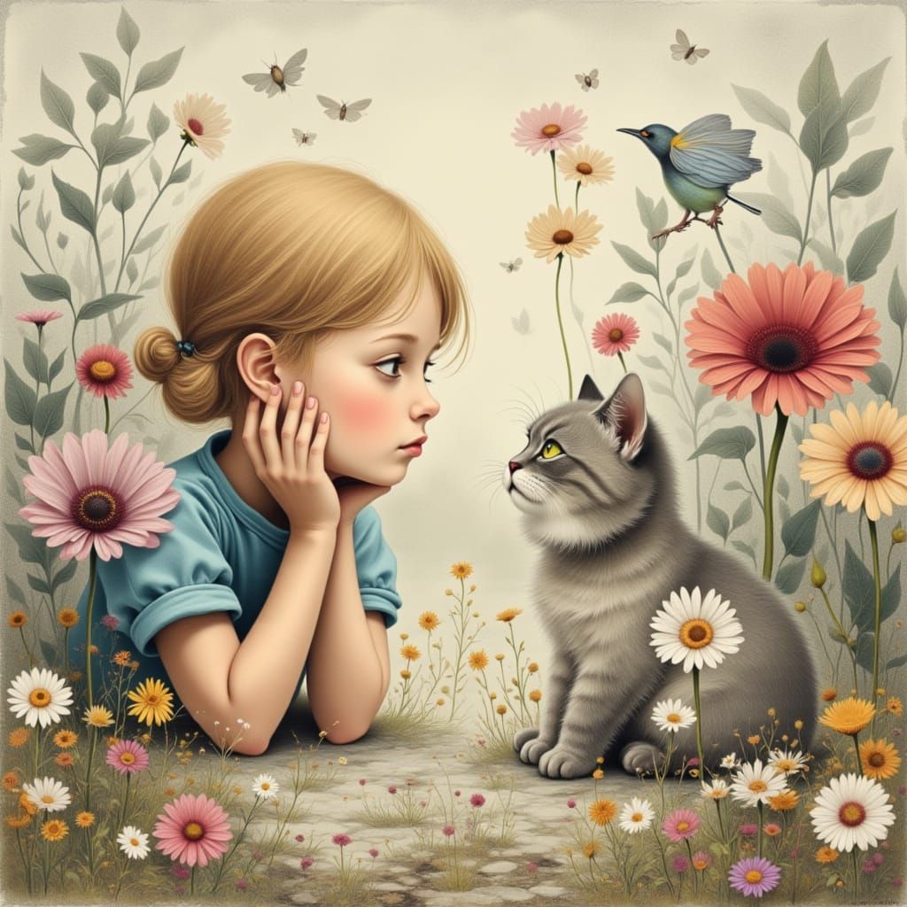 Dreamy Garden Scene With Girl and Cat in Ink Wash Style