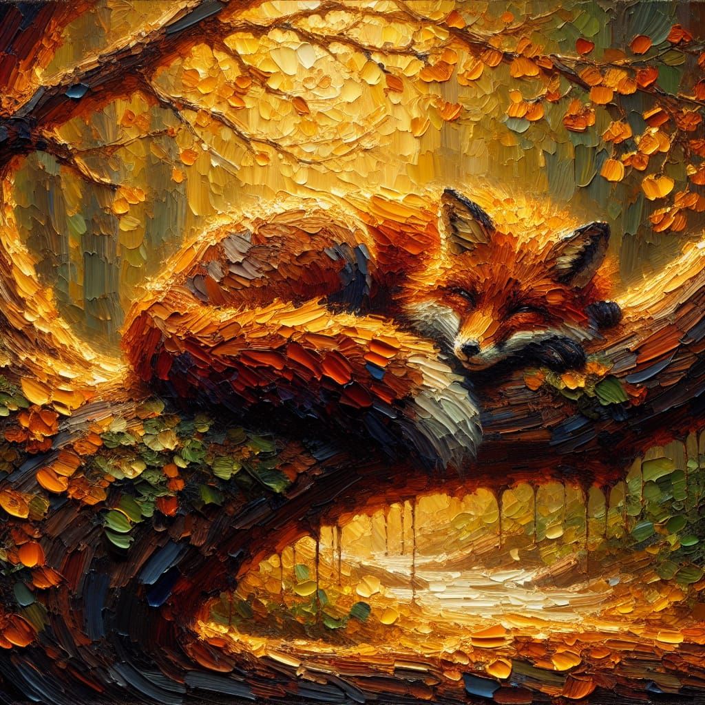 Impasto Painting of a Russet-Furred Fox in a Sunlit Forest