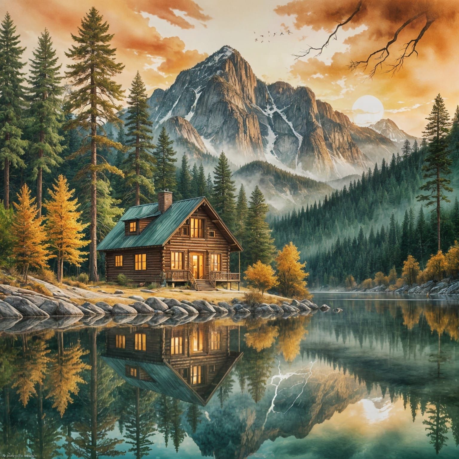 Yosemite Sunset: Watercolor Double Exposure Landscape