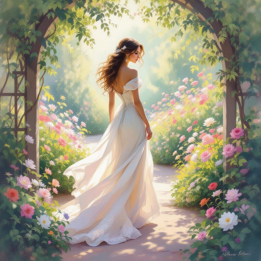 Ethereal Woman in Secret Garden Impressionistic Painting