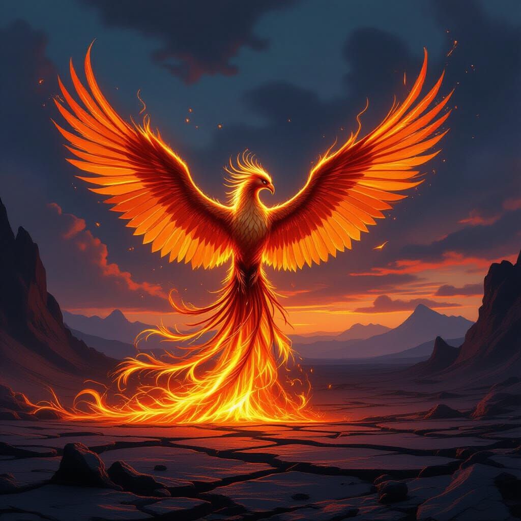 Golden Phoenix Rises from Volcanic Wasteland