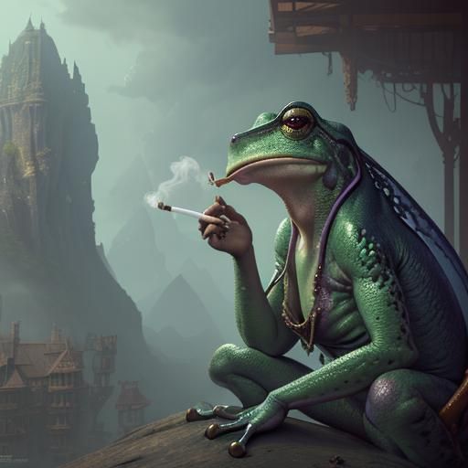 Frogs Smoking: Detailed Matte Painting in Deep Color