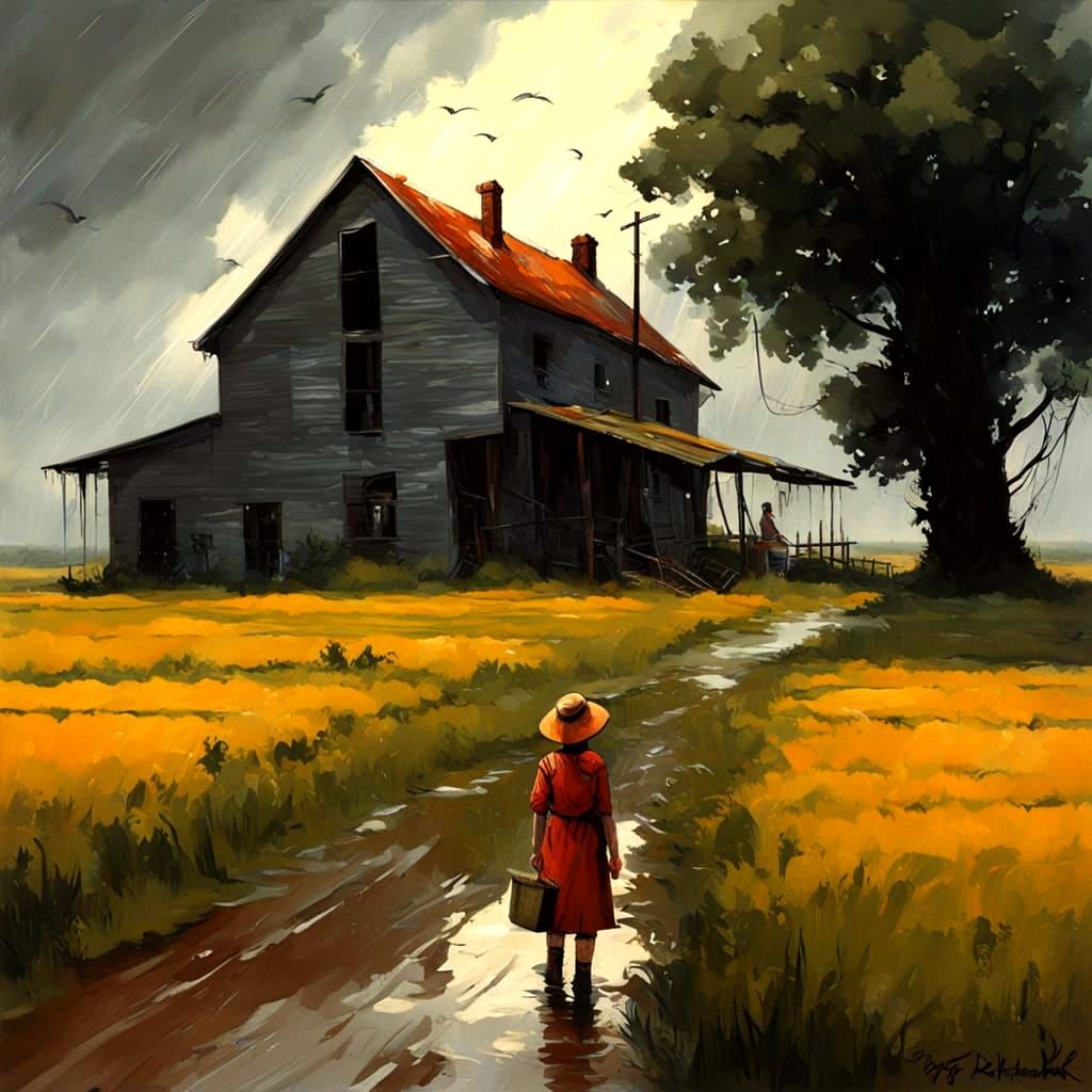 Sinister Summer Rain Farm Scene in Retro Style