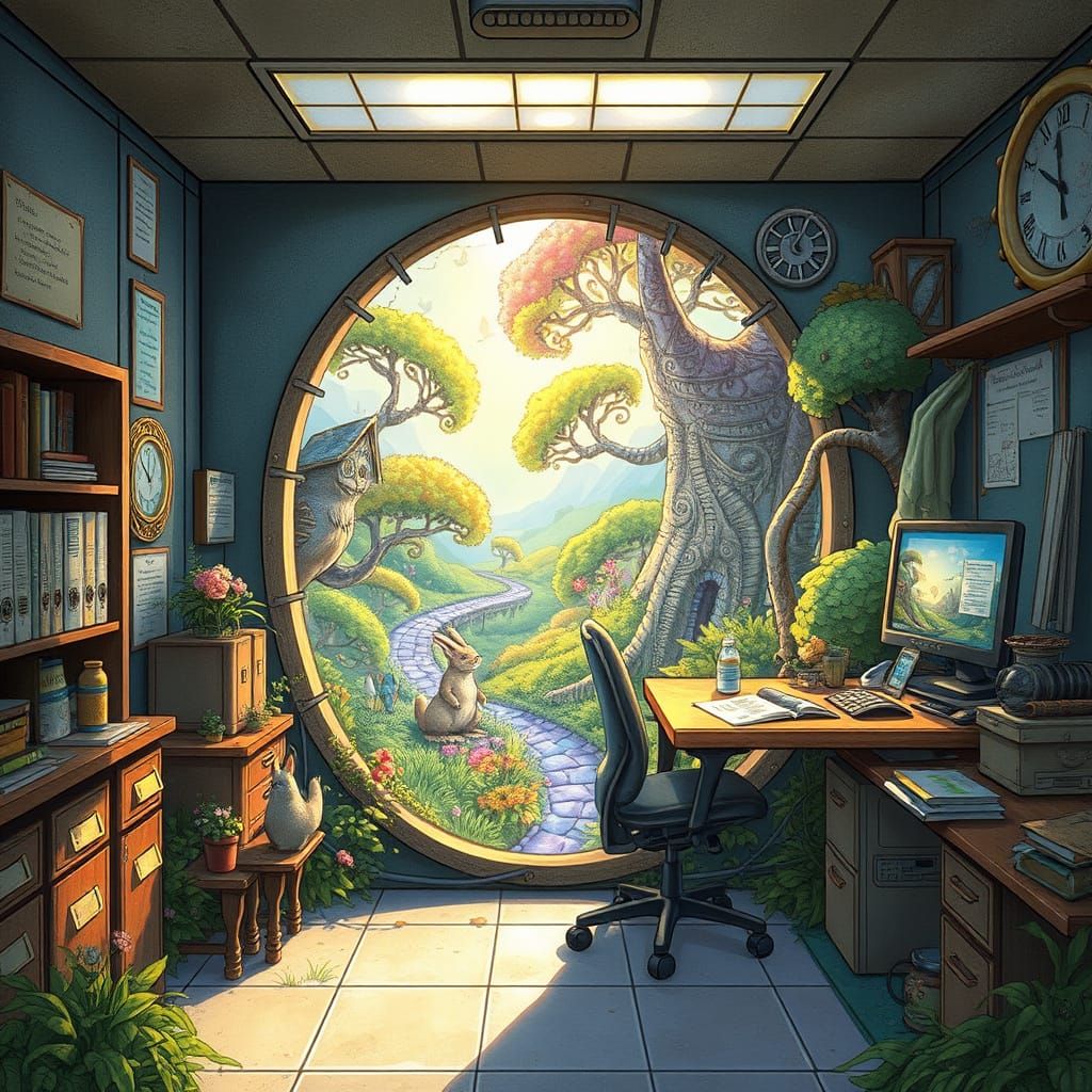 I dream of isekai, a portal from a mundane office cubicle to a lush, vibrant fairypunk world. The portal shimmers with i...