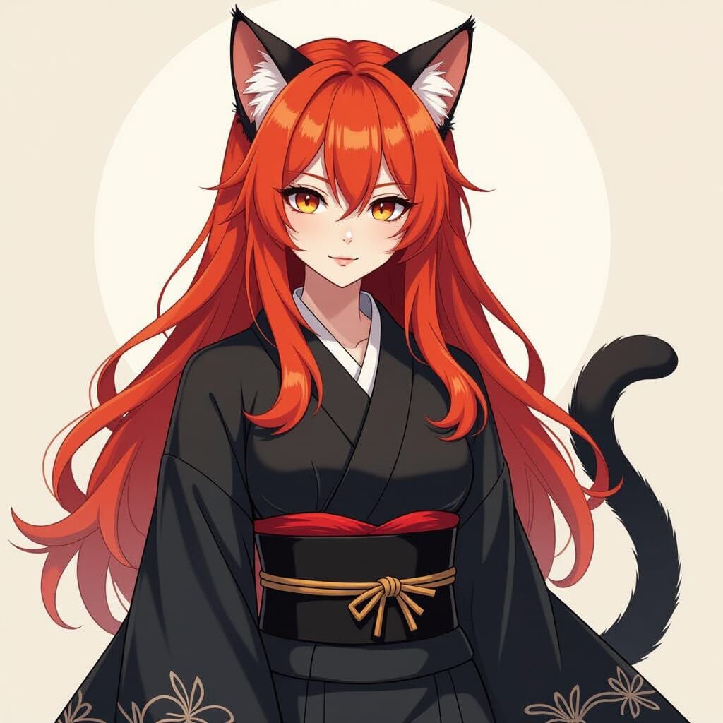 Anime Style Cat-Woman in Old Japanese Kimono