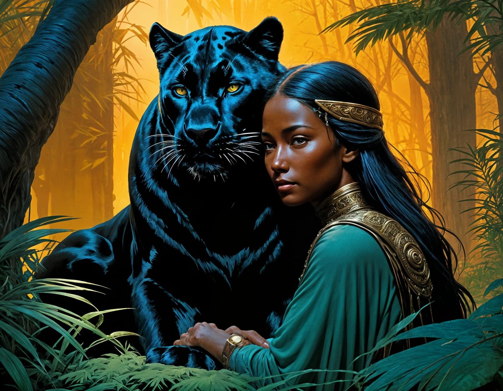 Surreal Fantasy Scene of Druid Woman and Panther in Intimate...