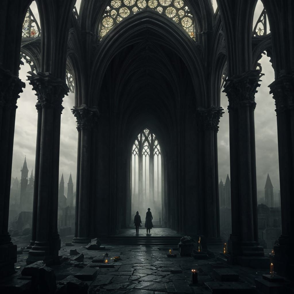 Standing in a ruined Gothic Cathedral, the mist began to fil...