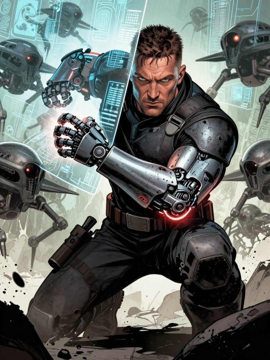 Cybernetic Warrior Prepares Attack in Comic Book Style