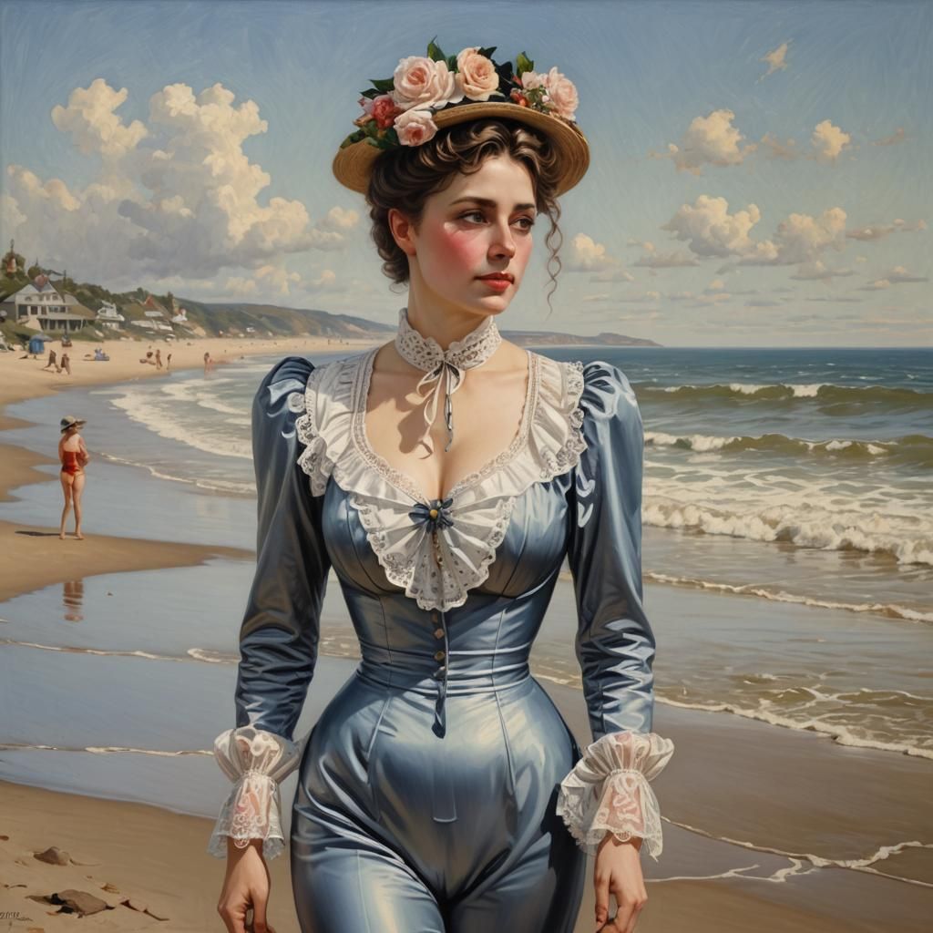 Victorian Lady on Beach as Oil Painting