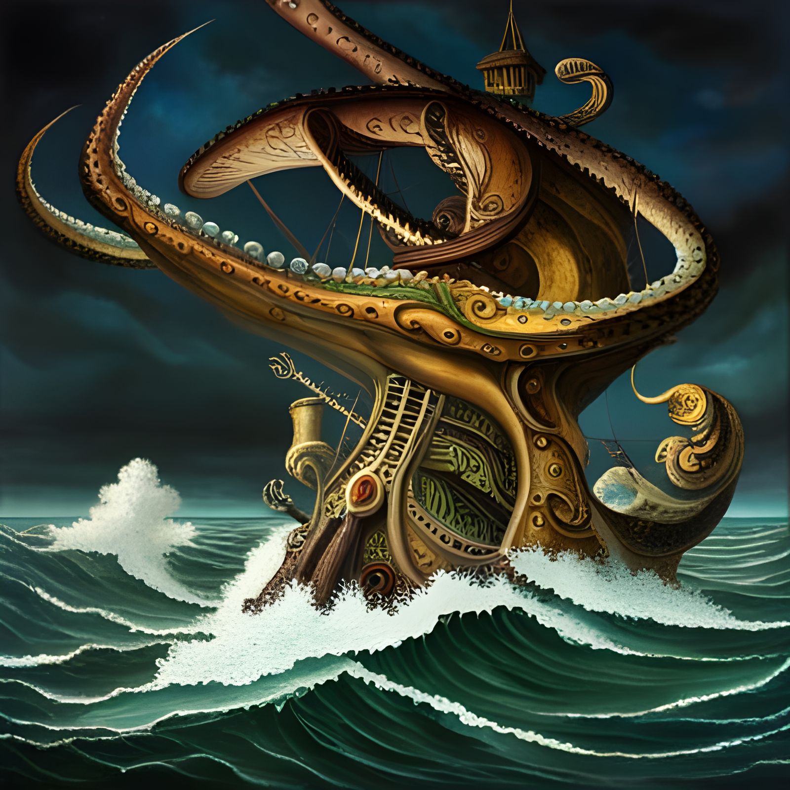 Giant Octopus Attacking Sailing Ship in Dali Style