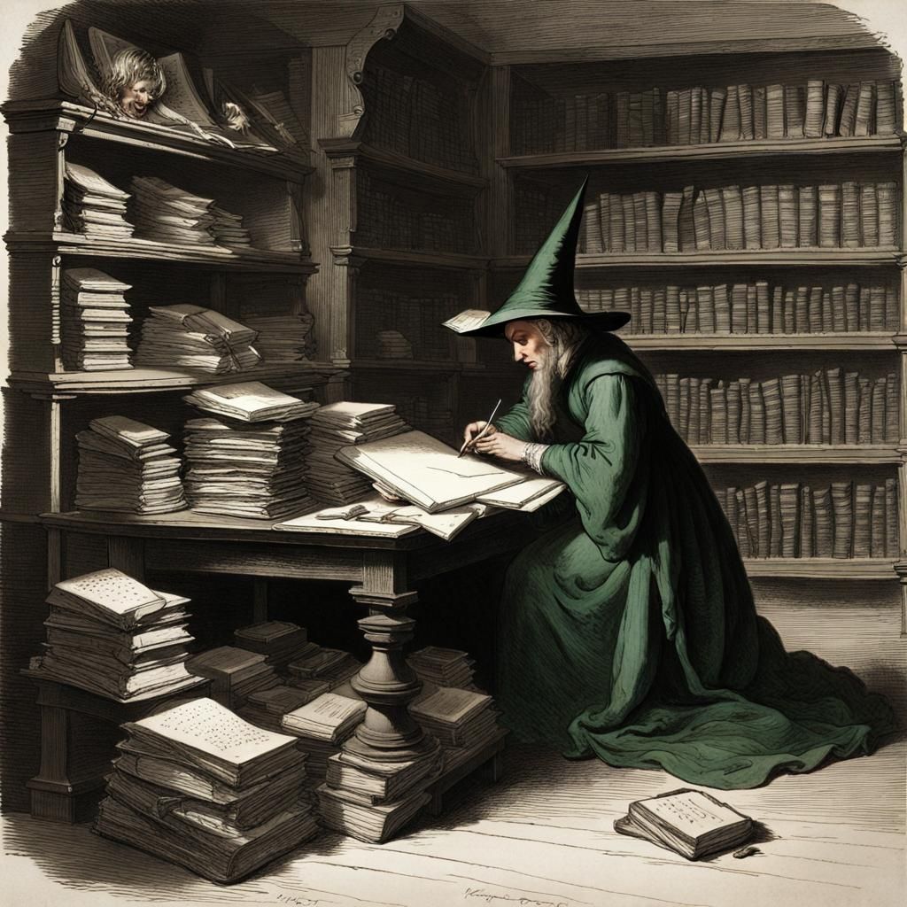 Witch Writing Letter in Library, Gothic Style