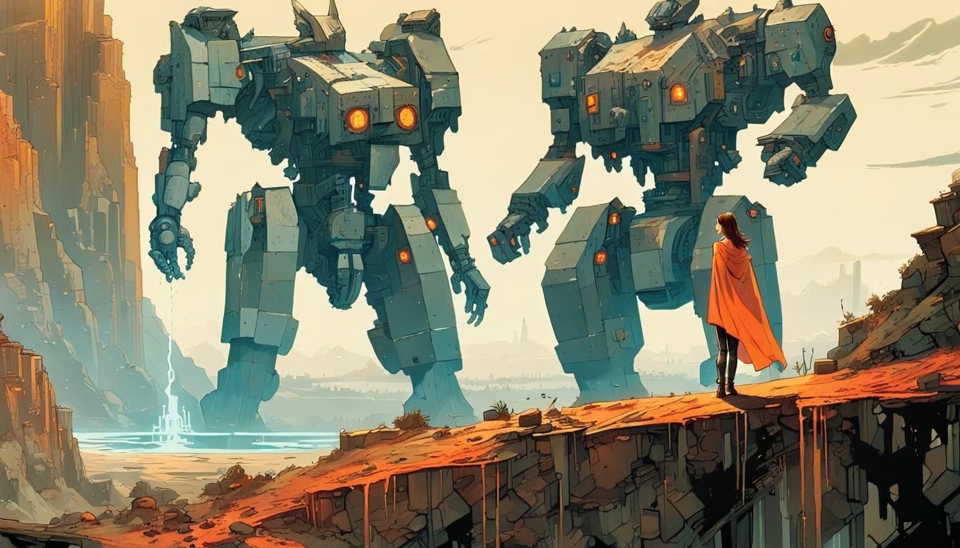 Pixel Art Battlefield Wasteland with Giant Robots