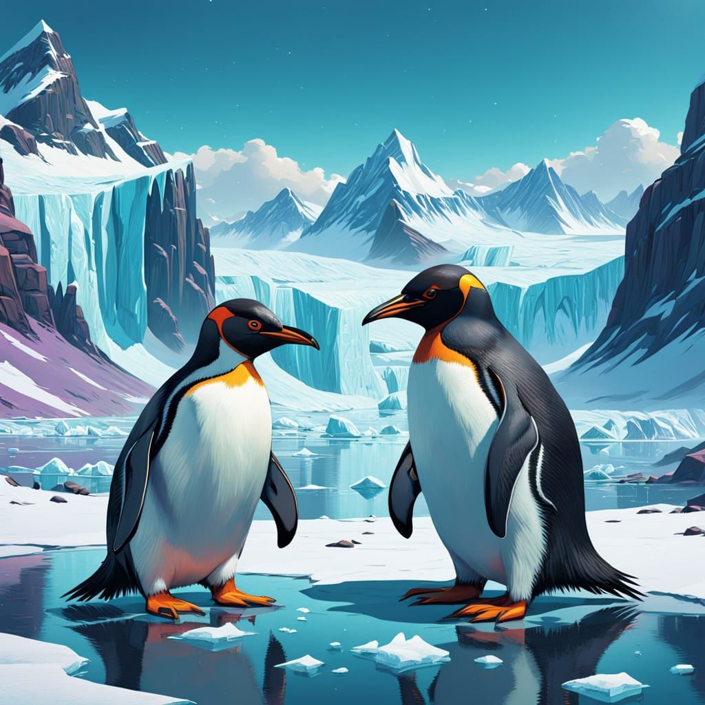 Charming Penguin Pair in Futuristic Ice Landscape