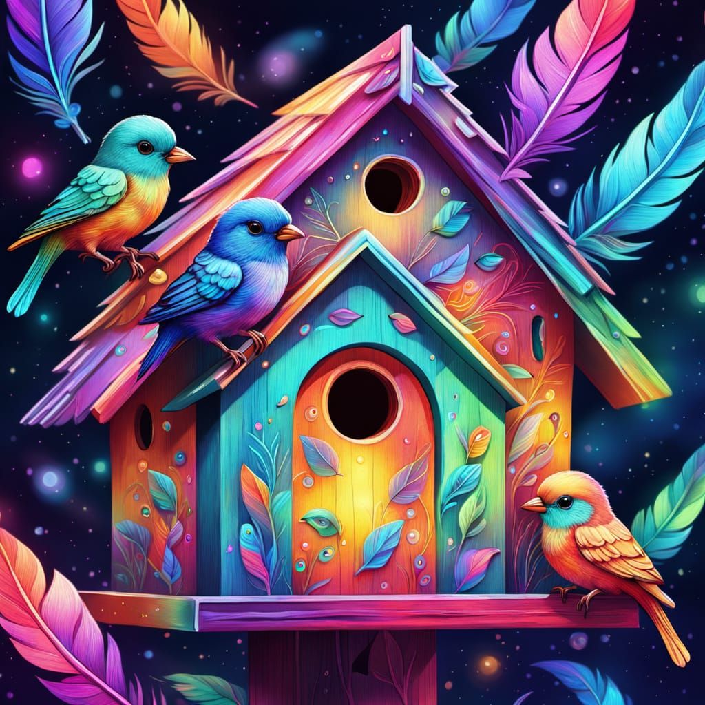 Vibrant Birdhouse with Chibi Birds, Mixed Media Art
