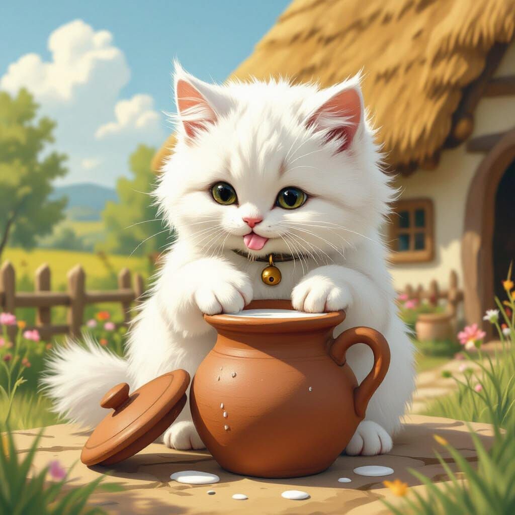 Curious Cat Steals Milk: A Storybook Scene