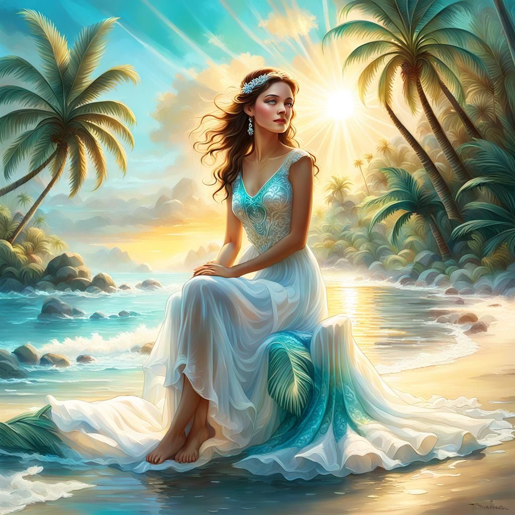 Ethereal Beach Scene with Lady in White Dress