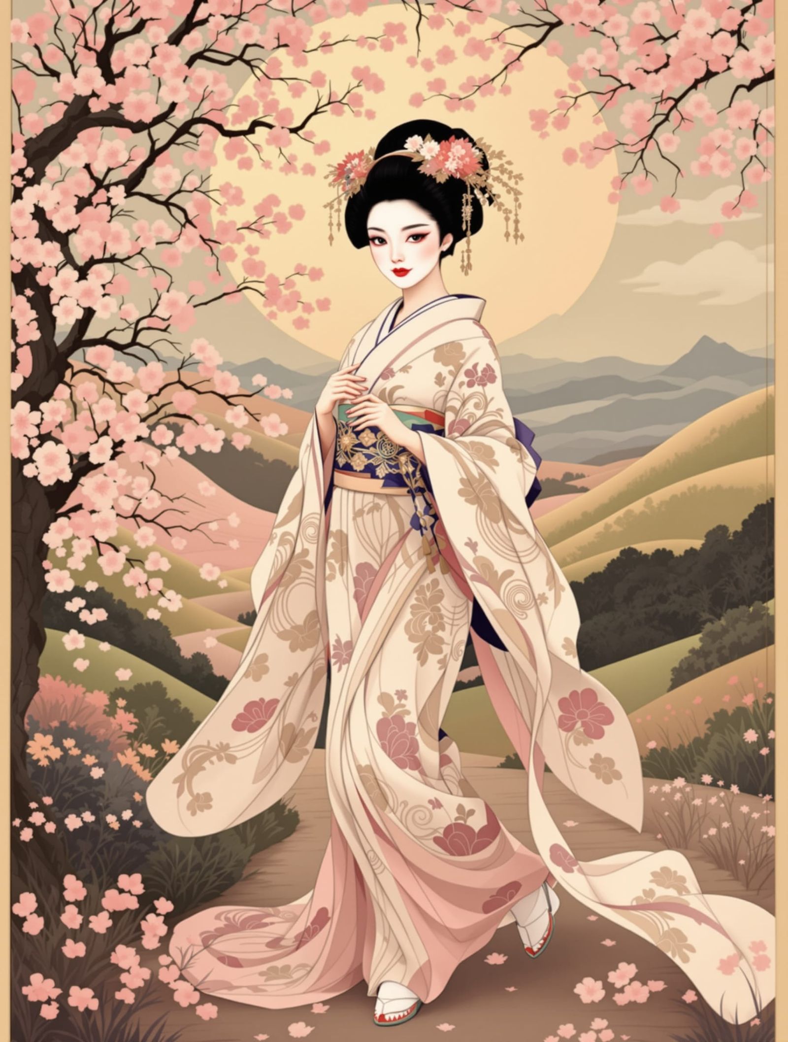 Art Nouveau Geisha in Japanese Countryside