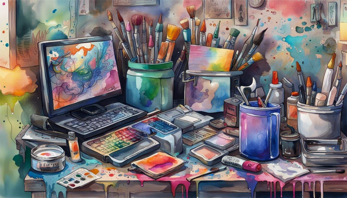 Vibrant Watercolor Artist's Cluttered Desk