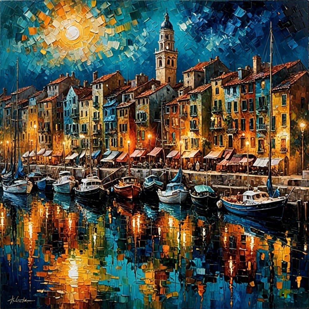 Night Port City Harbor in Impasto Style