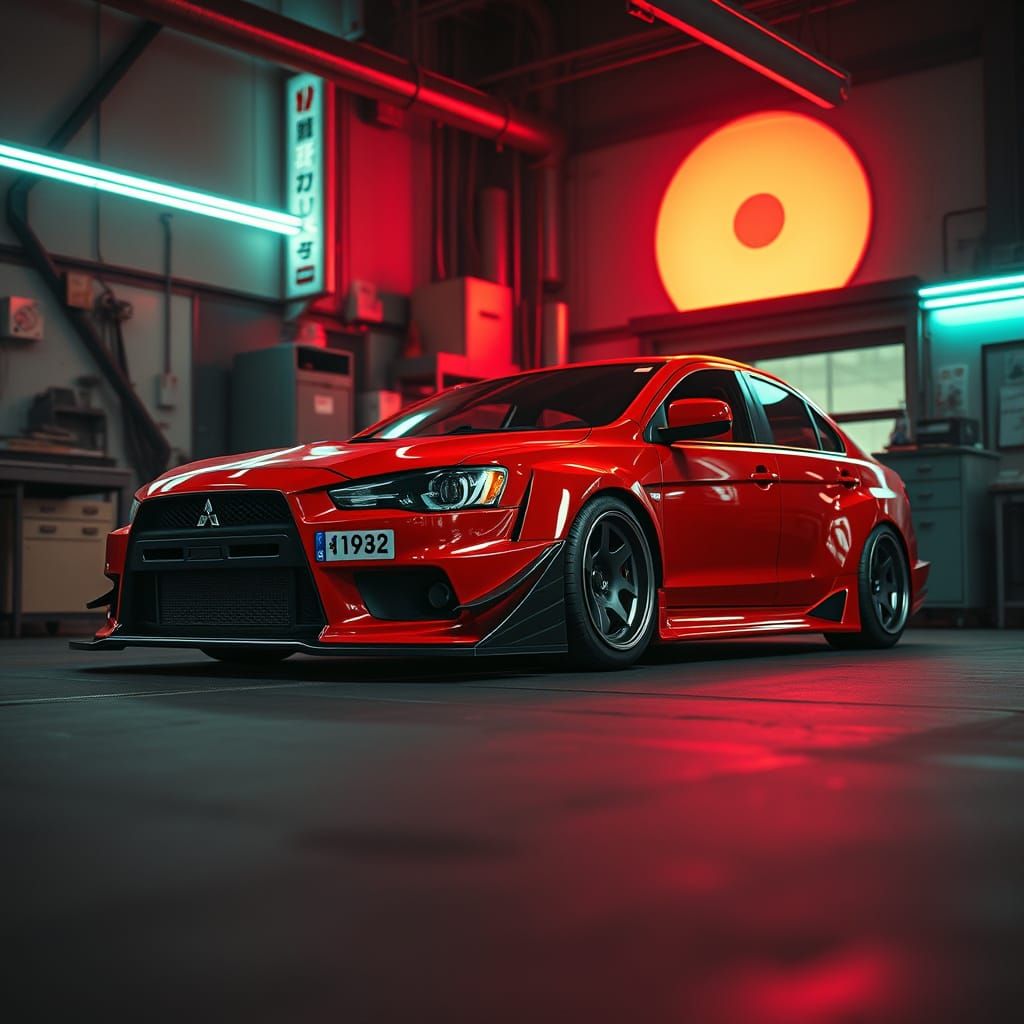 Red Mitsubishi Lancer WRC in Tokyo Sunset