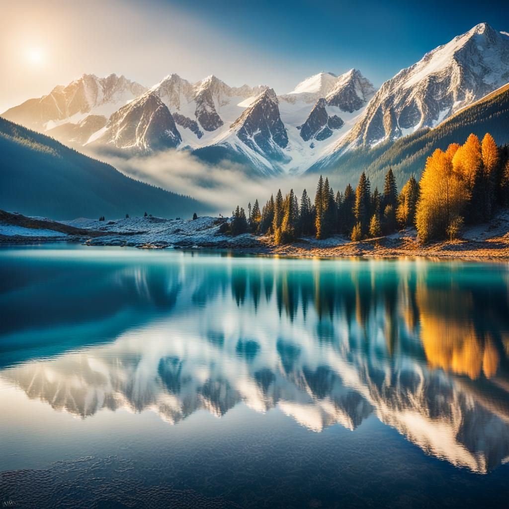 Serene Blue Lake Reflecting Majestic Mountains