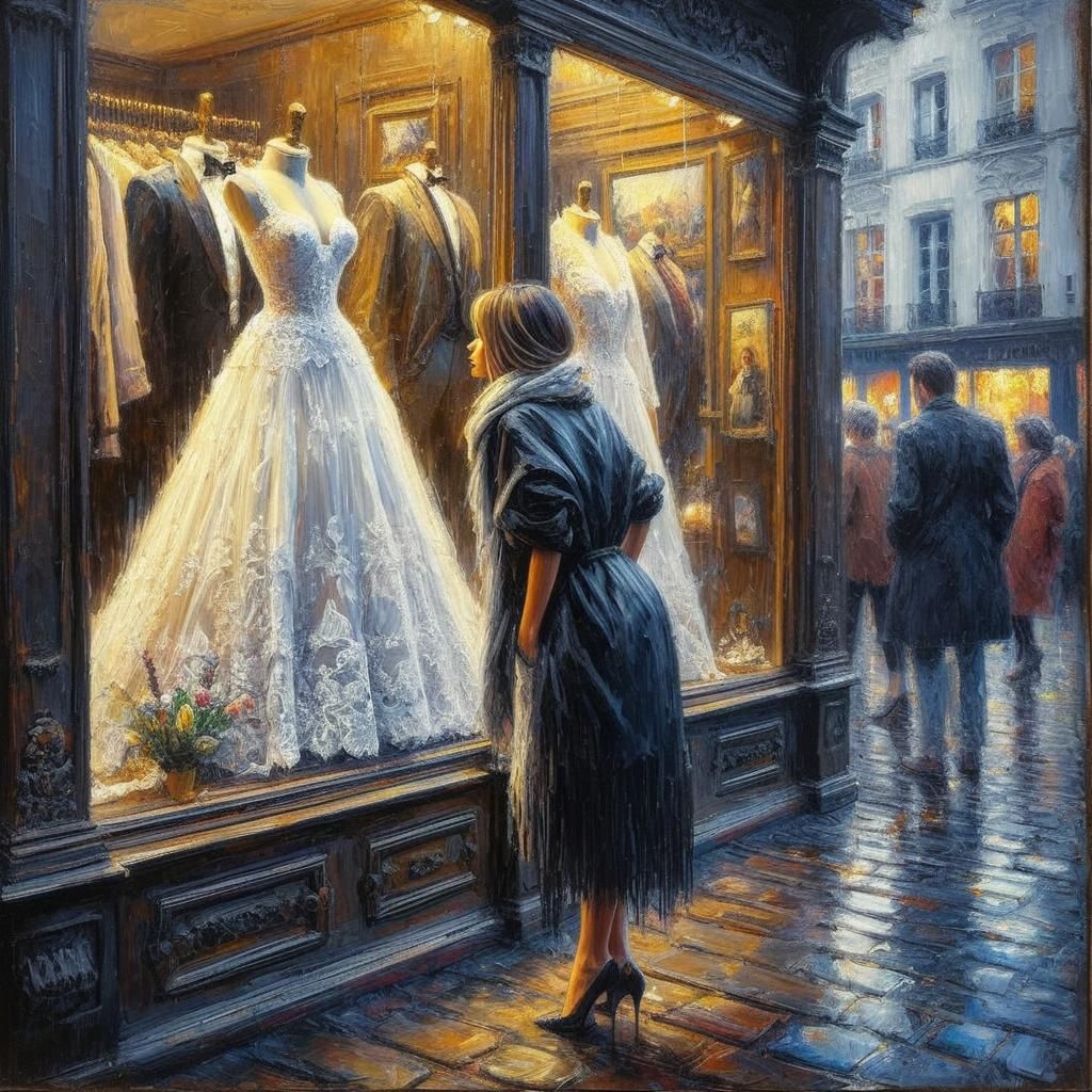 Woman Gazing at Wedding Dress, Oil Painting Style