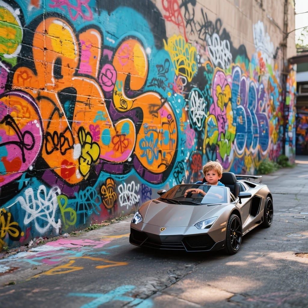 Tiny Sports Car and Boy Beside Colorful Graffiti Wall