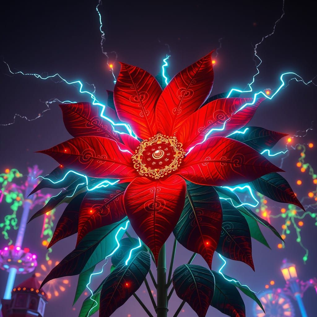 Cyberpunk Florist: Poinsettia Goddess in Neon Dreamscape