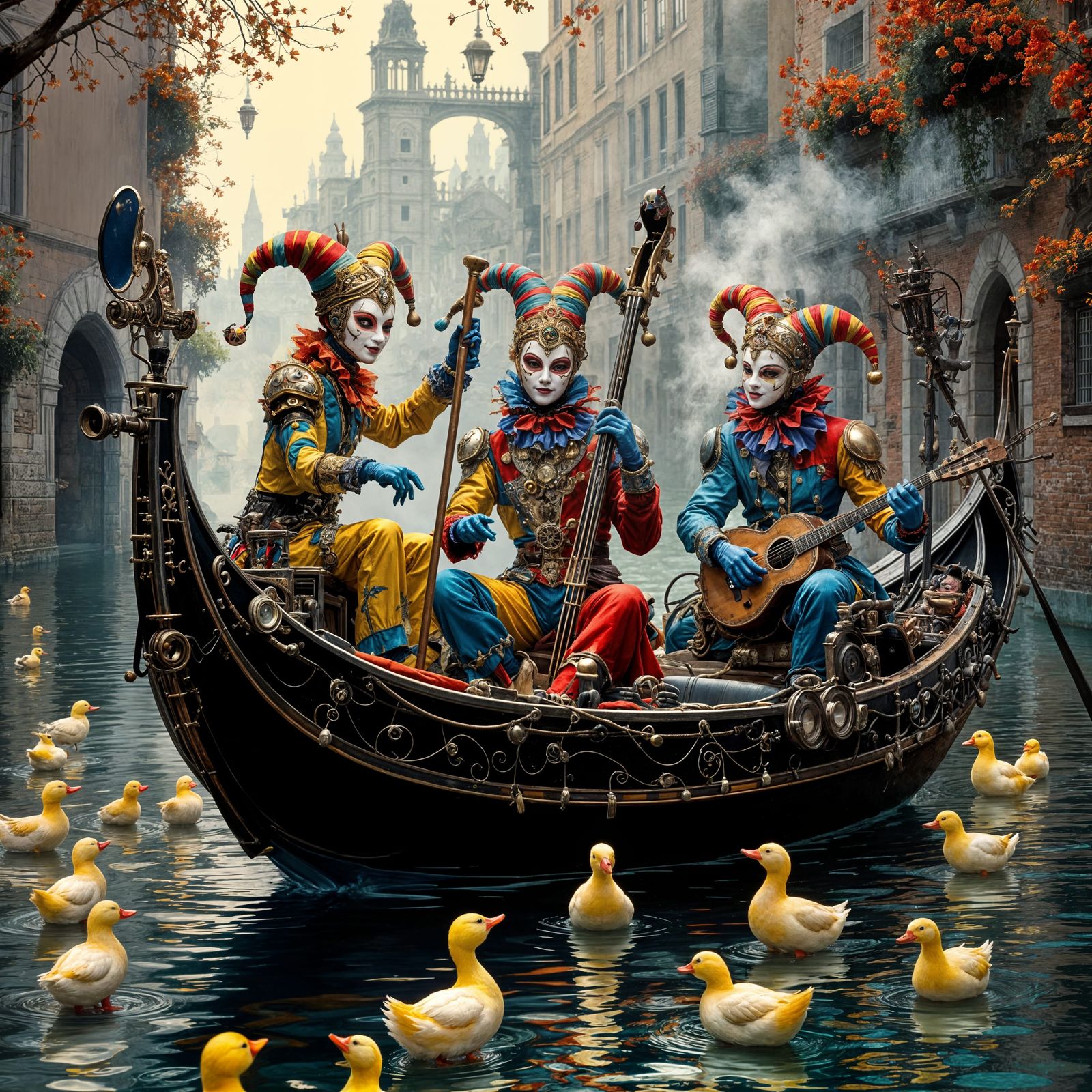 Harlequins Play Music on Gondola with Dancing Ducks