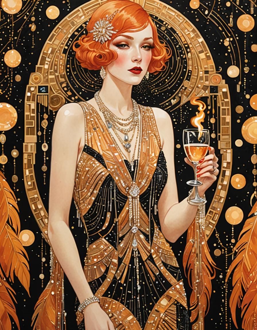 Flapper Girl with Champagne in Art Deco Style