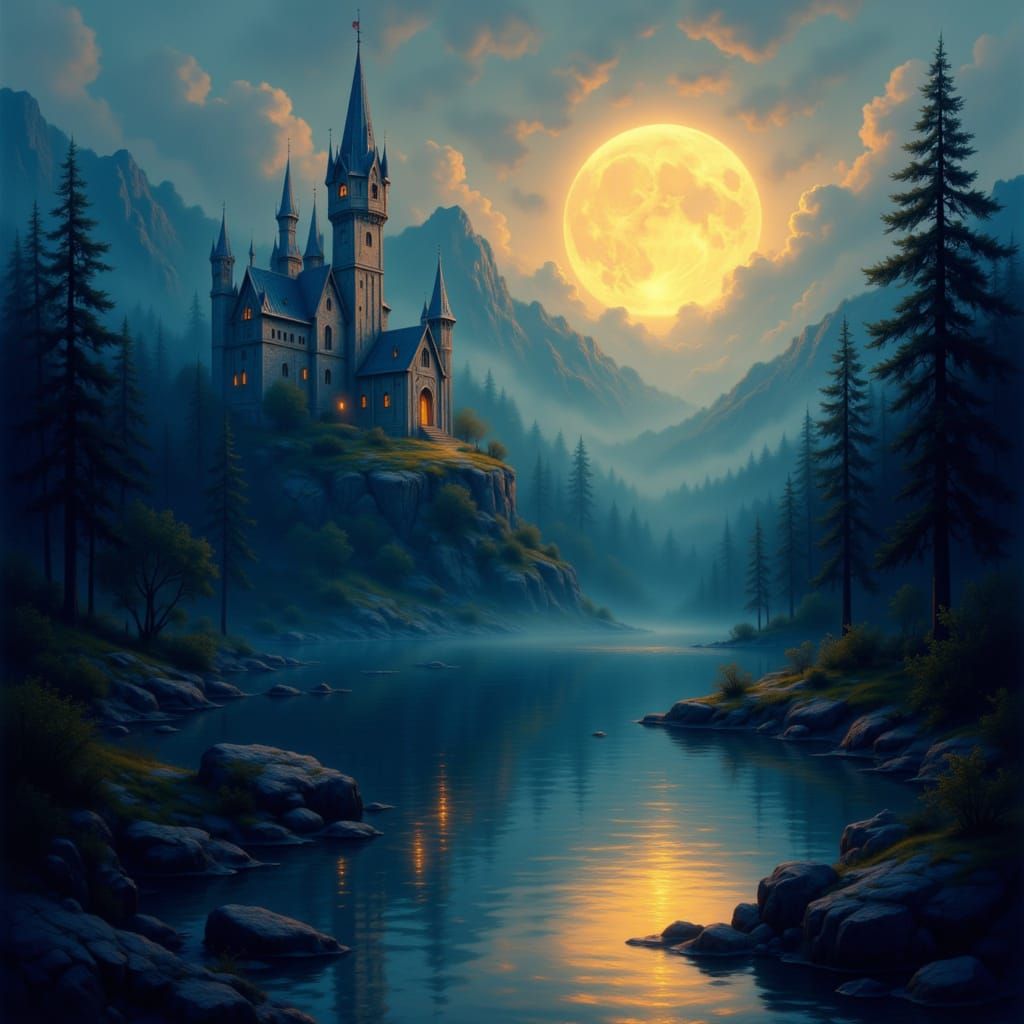 Fantasy Castle Beside Lake Under Golden Moon