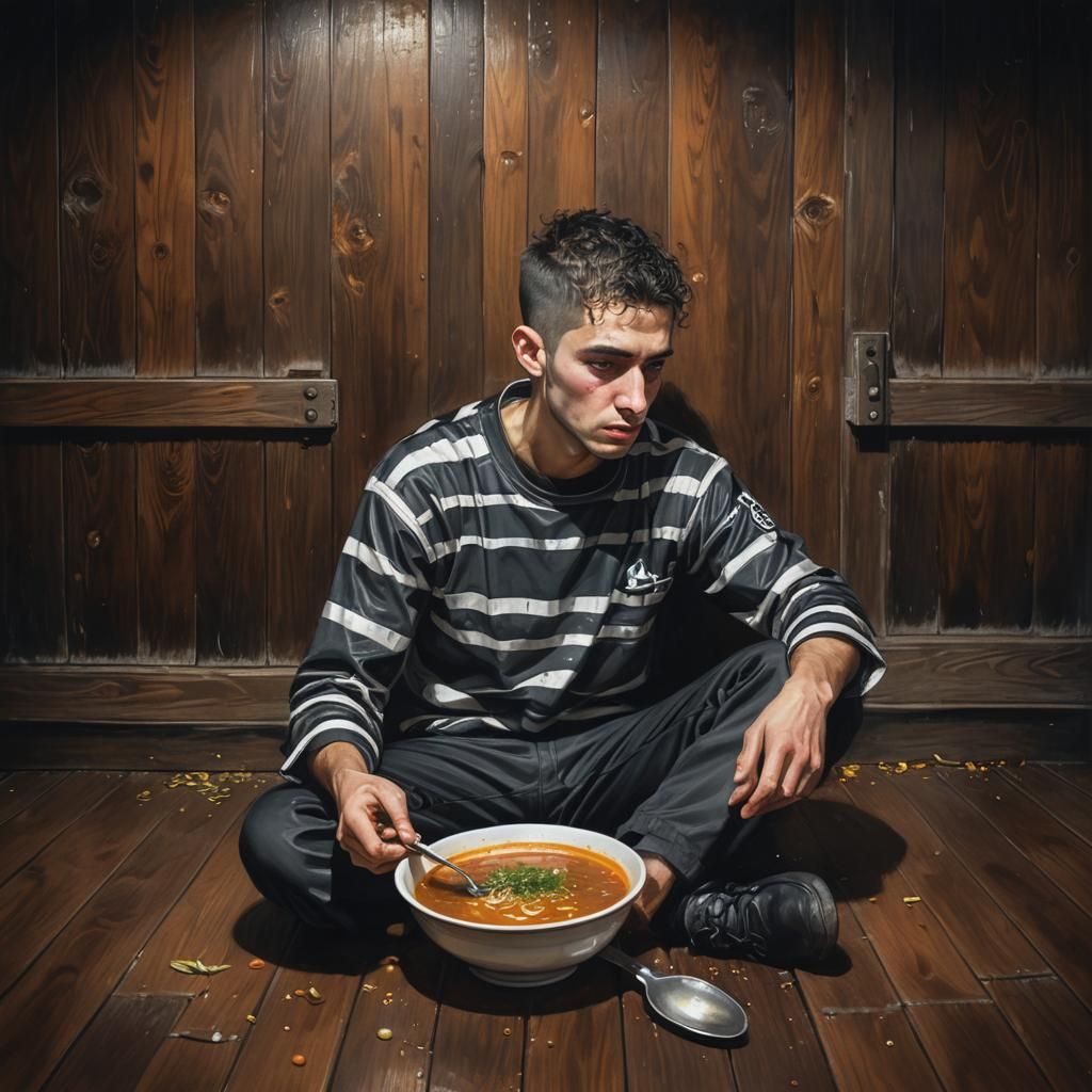 Young Man in Prison Eating Soup: Hyperrealistic Art